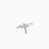 Bague Croix ajustable en acier inoxydable et zircon argent.