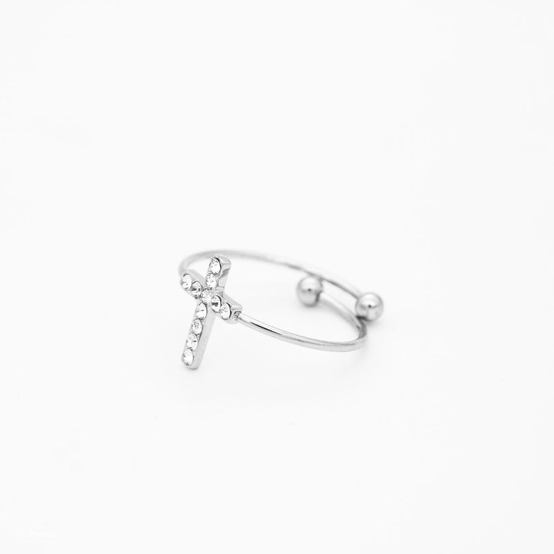 Bague Croix ajustable en acier inoxydable et zircon argent.