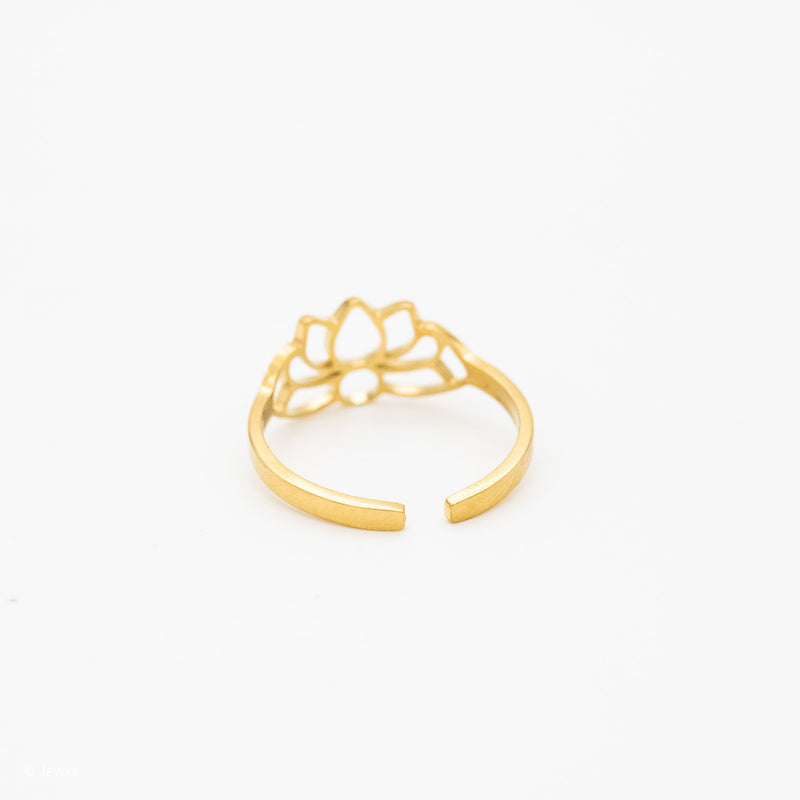 Bague Lotus ajustable en acier inoxydable doré.