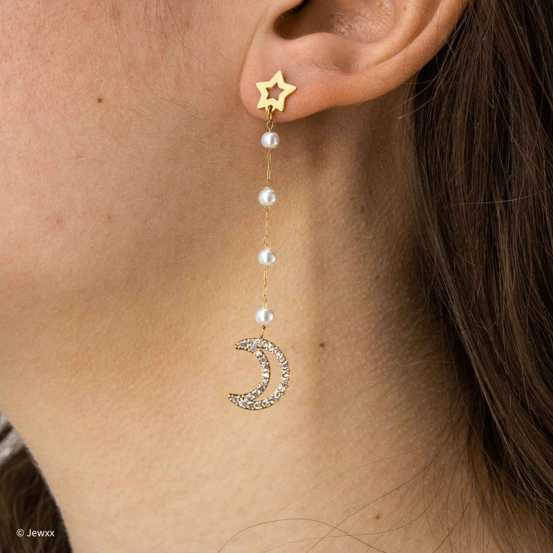 Boucles Luna pendantes en acier inoxydable et zircone doré.