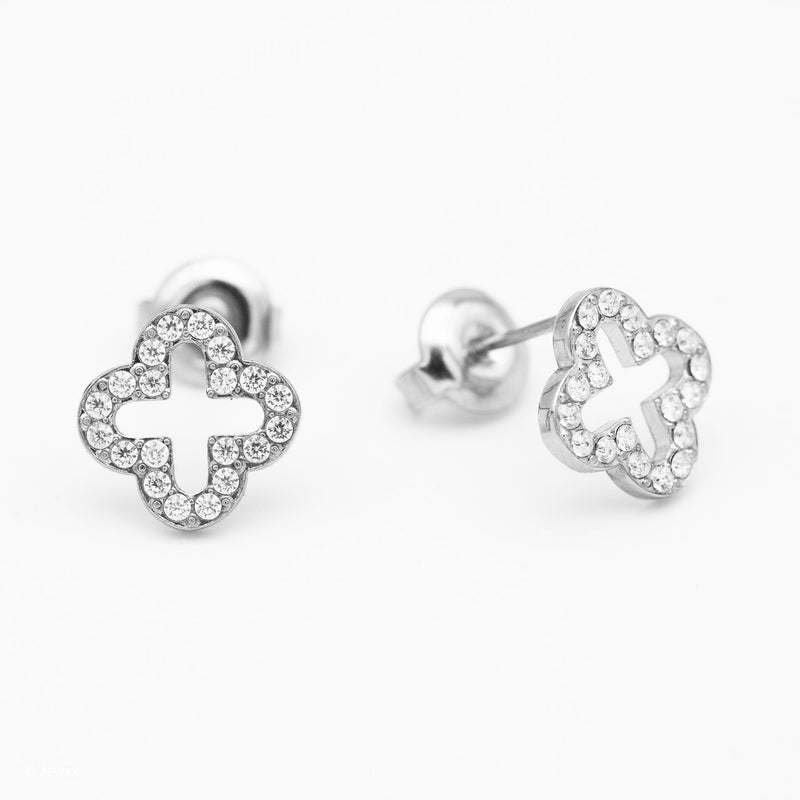 Boucles Trèfle en acier inoxydable et zircone argent.